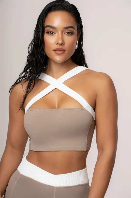 Beige/White Ultimate Ribbed Halter Top sold by JLUXLABEL