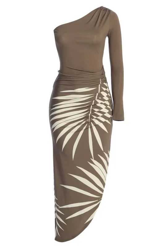 Tan One Shoulder Palm Print Dress sold by JLUXLABEL