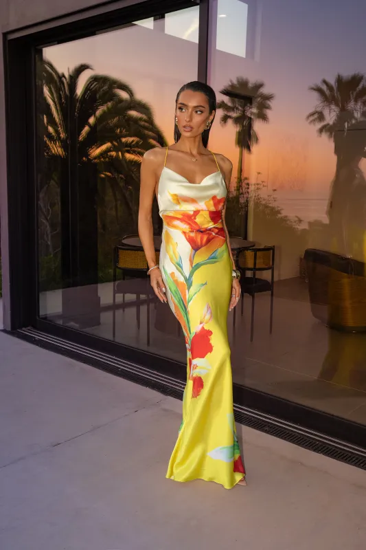 PRE-ORDER Yellow Satin Floral Print Maxi Dress sold by JLUXLABEL