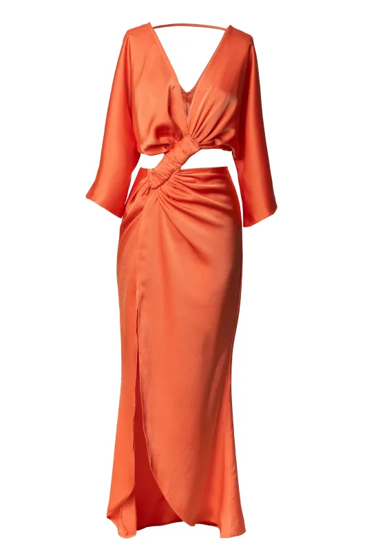 Coral Sunset Satin Cutout Dress sold by JLUXLABEL