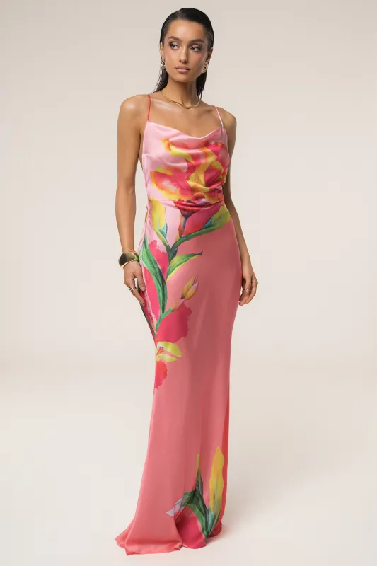 PRE-ORDER Pink Satin Floral Print Maxi Dress sold by JLUXLABEL