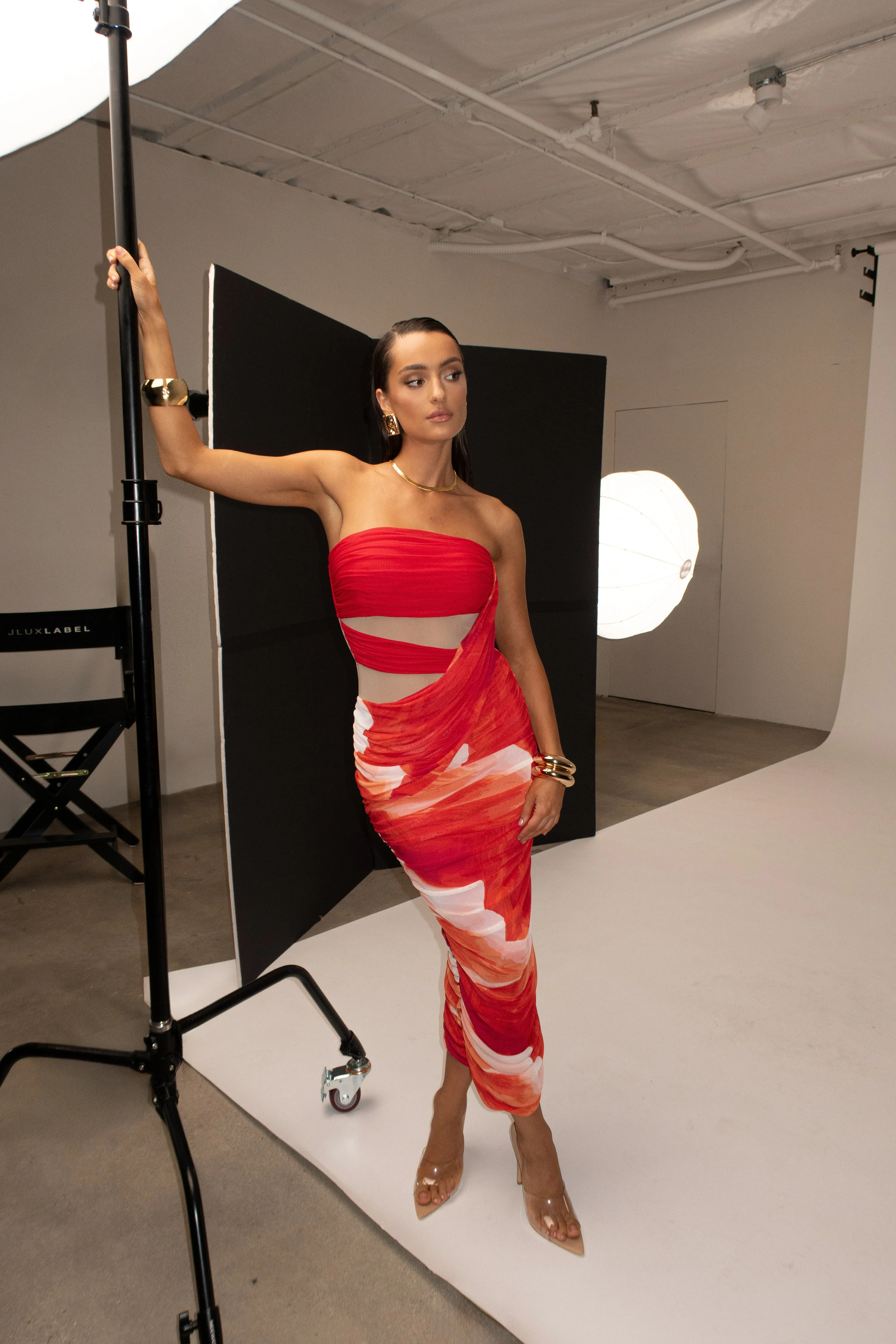 Sunset Red Timeless Form Ruched Midi Dress sold by JLUXLABEL product image thumbnail 5