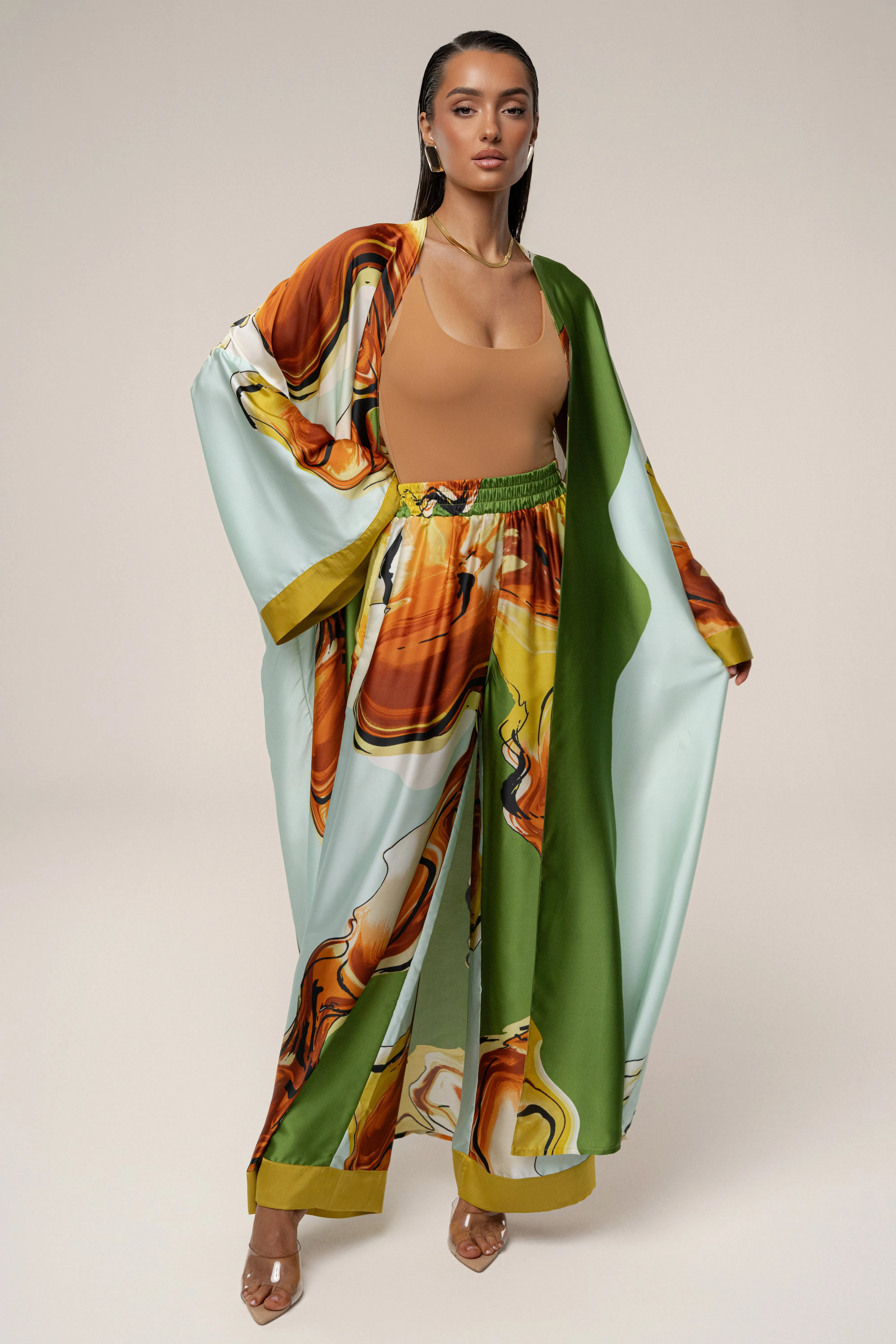 Green Tropical Print Jet Set Wide Leg Pants sold by JLUXLABEL