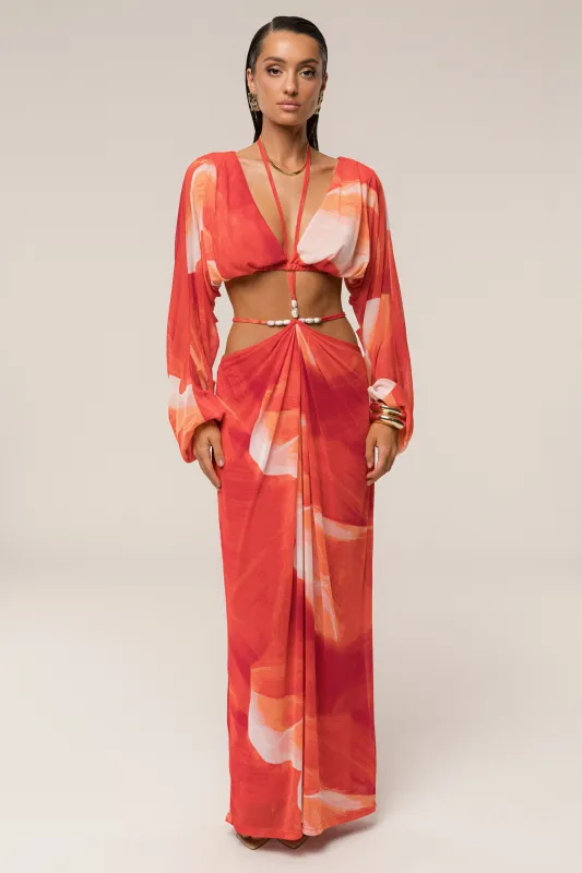 PRE-ORDER Sunset Red Hera Draped Maxi Skirt sold by JLUXLABEL