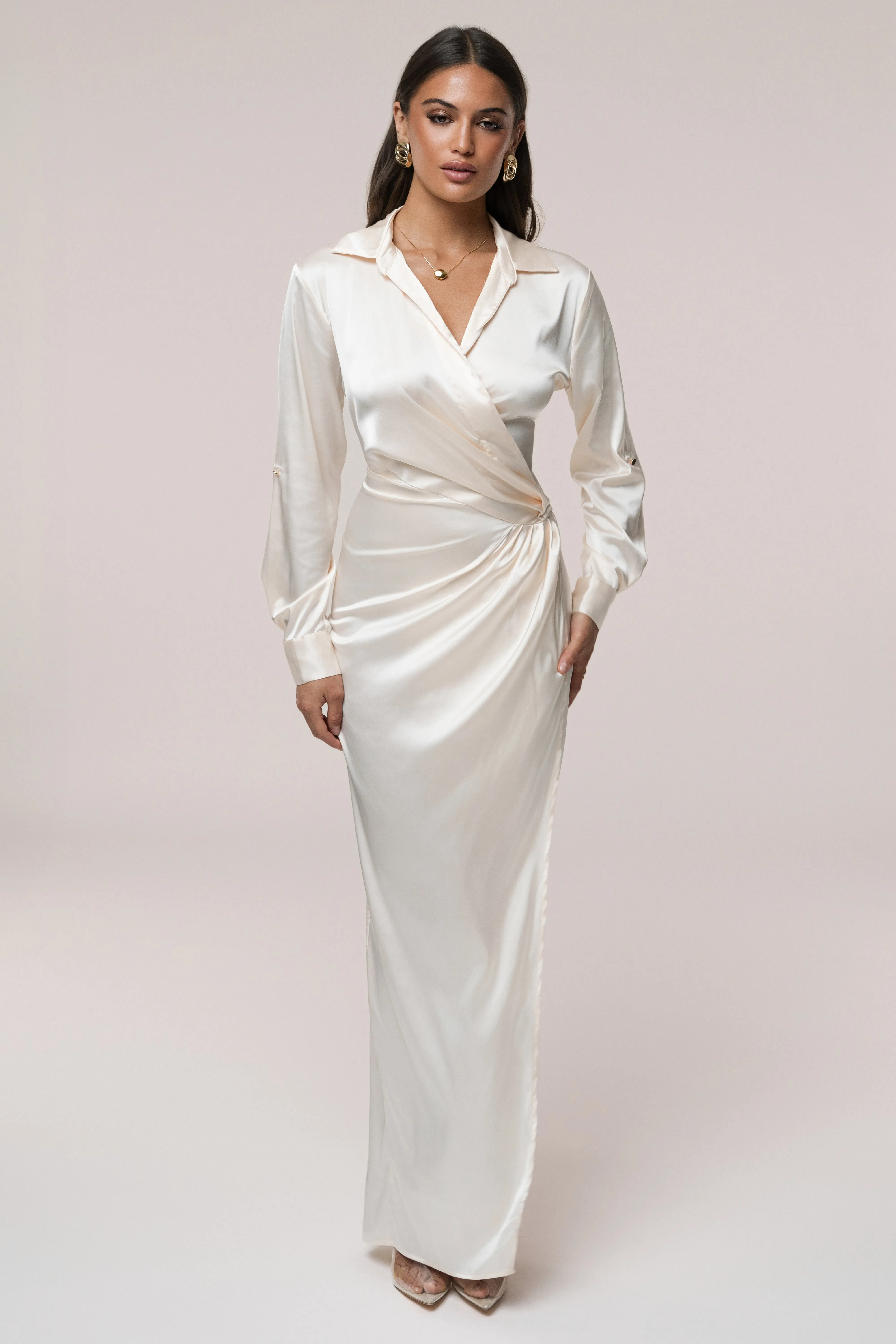 White Arabella Satin Maxi Dress sold by JLUXLABEL