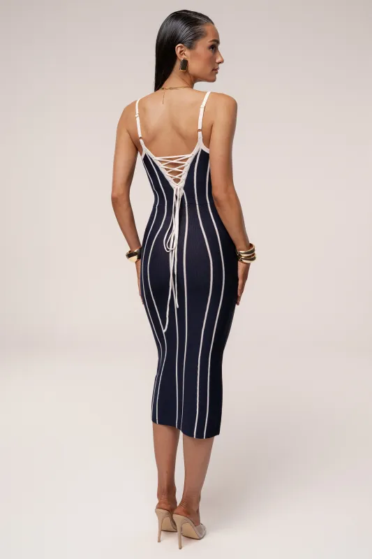 Navy/Ivory Parallel Elegance Midi Dress sold by JLUXLABEL