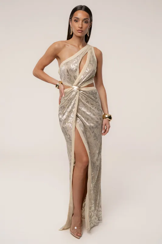 Gold One Shoulder Keyhole Dress sold by JLUXLABEL