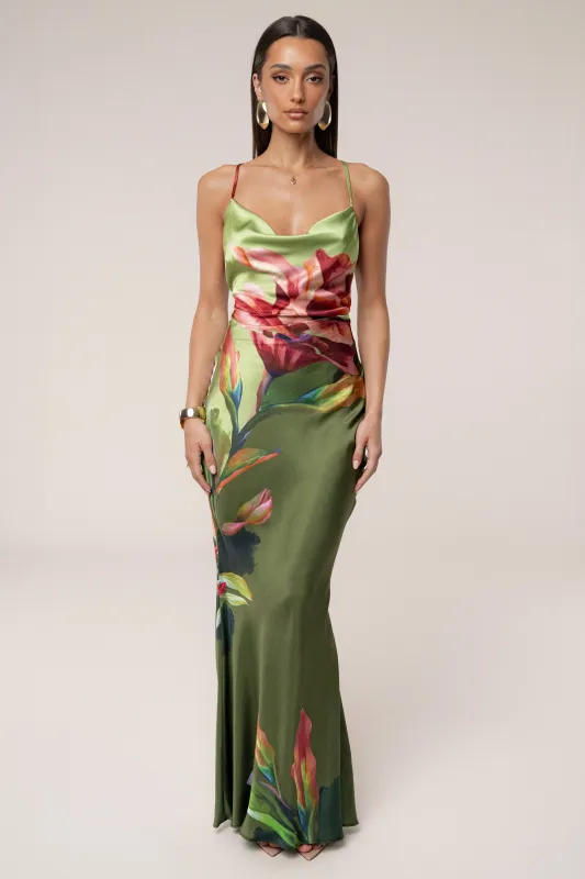 Green Satin Floral Print Maxi Dress sold by JLUXLABEL