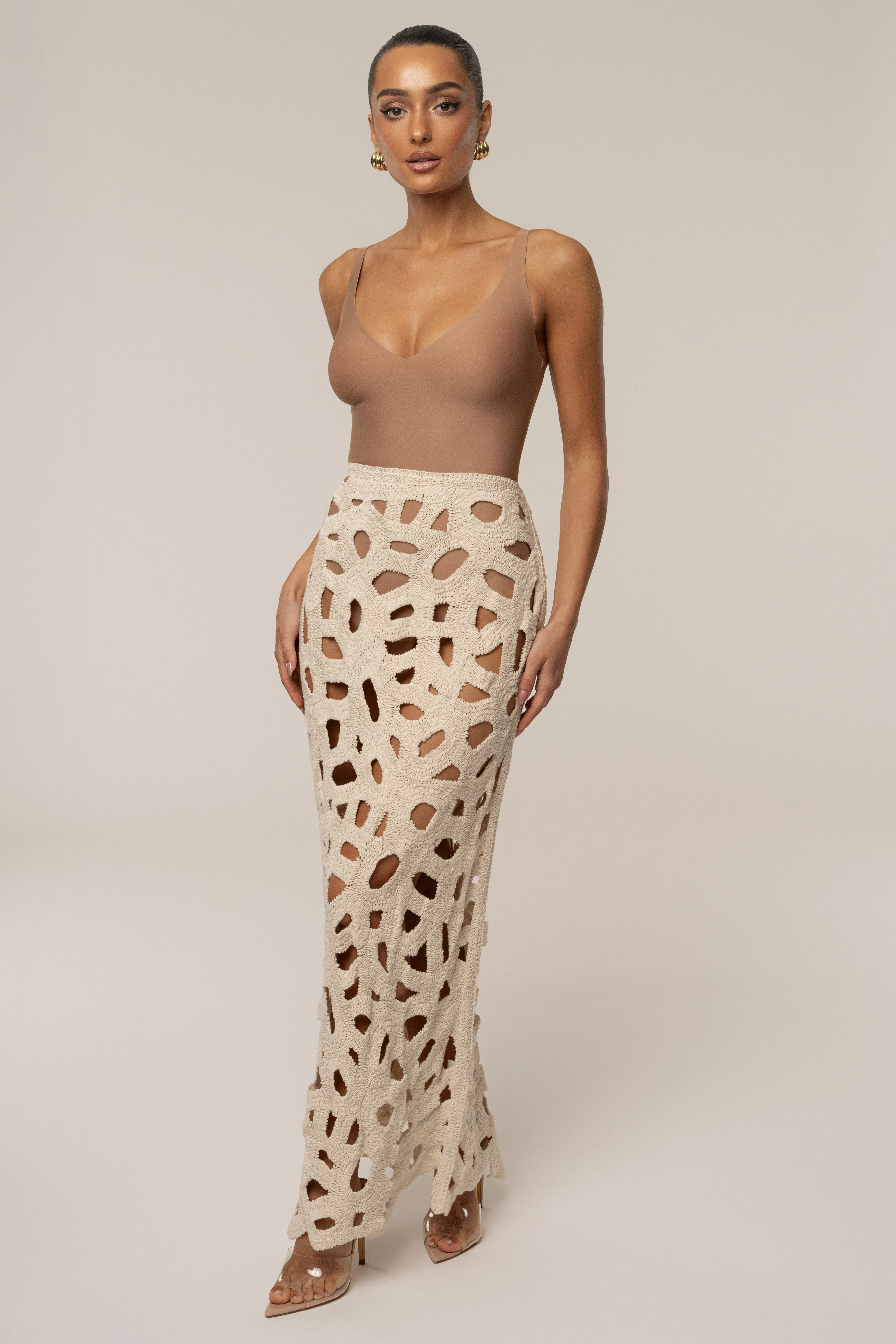 Ecru Coastal Breeze Crochet Maxi Skirt sold by JLUXLABEL