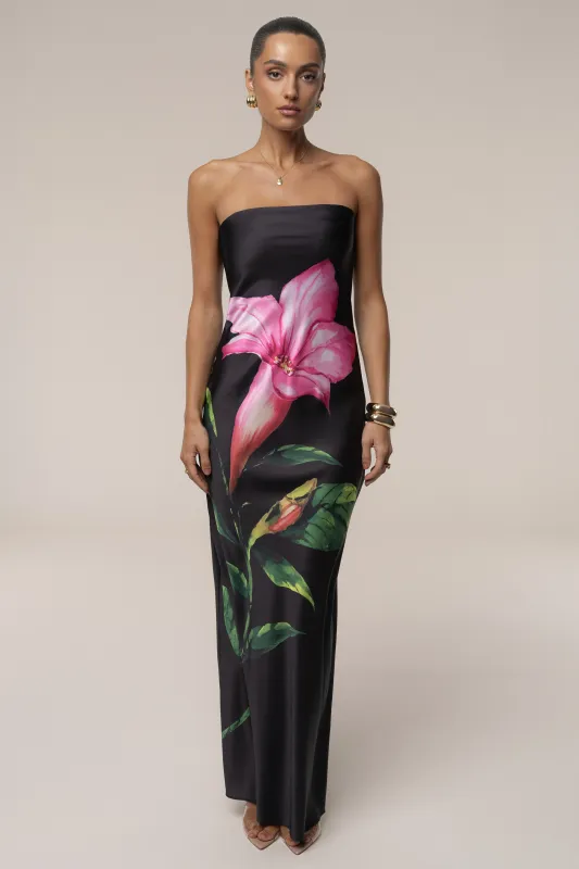 Black Blossom Satin Maxi Dress sold by JLUXLABEL