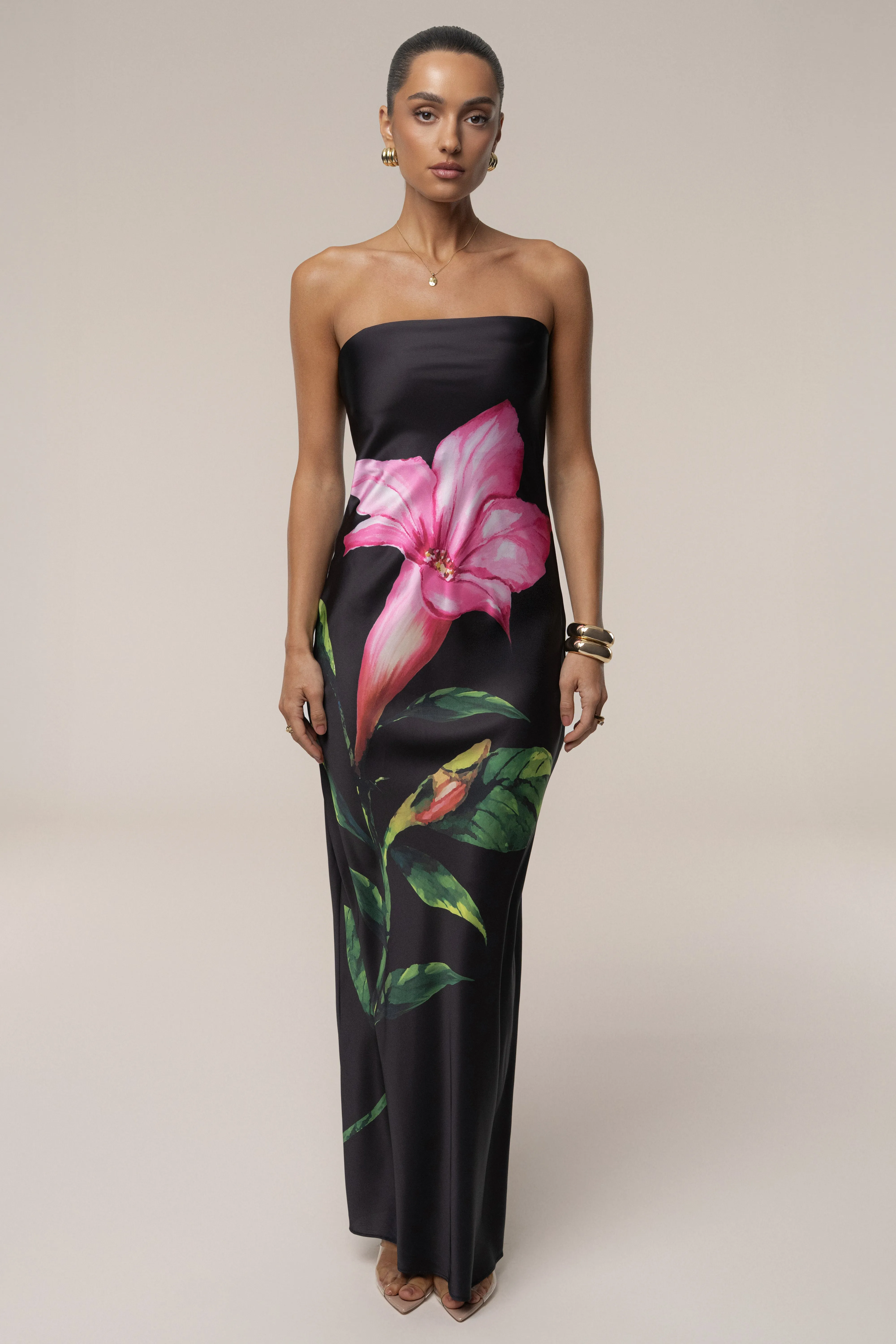 Black Blossom Satin Maxi Dress sold by JLUXLABEL