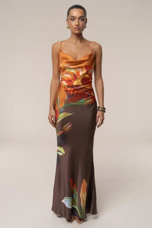 Brown Satin Floral Print Maxi Dress sold by JLUXLABEL