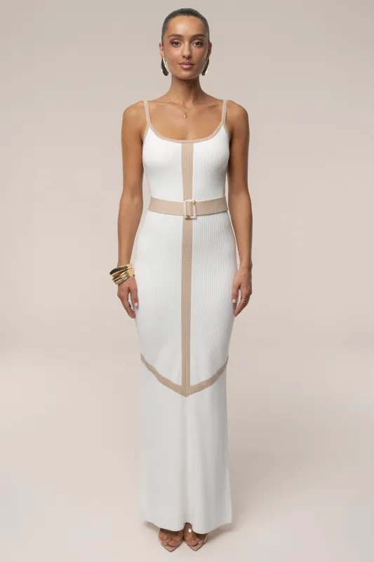 Ivory/Beige Belted Cami Maxi Dress sold by JLUXLABEL