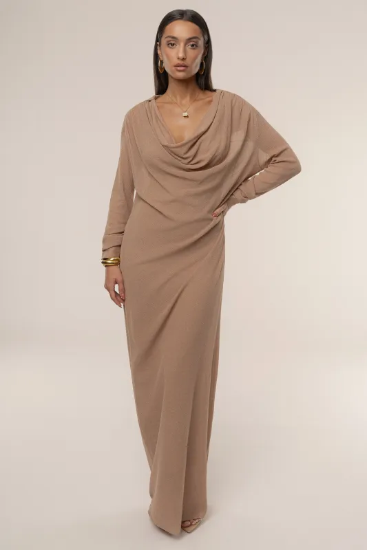 Tan Savanna Cowl Maxi Dress sold by JLUXLABEL