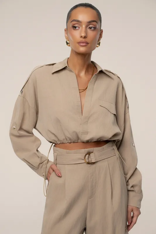 Tan Oasis Collared Crop Top sold by JLUXLABEL