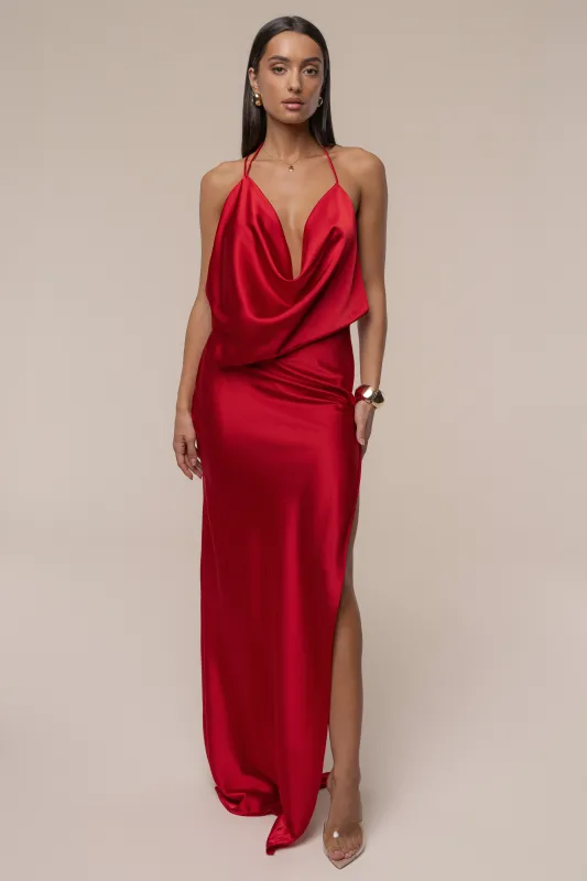 Red Delmara Cowl Maxi Dress sold by JLUXLABEL