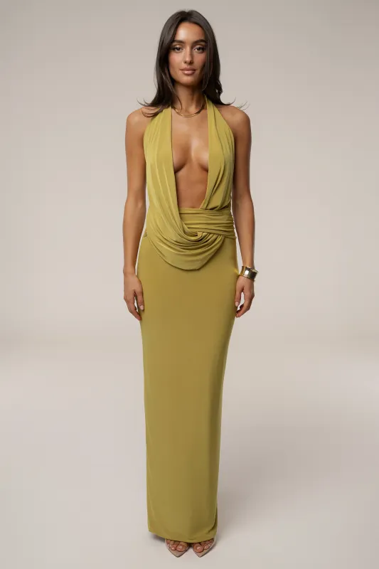 Moss Dawn Draped Maxi Dress sold by JLUXLABEL