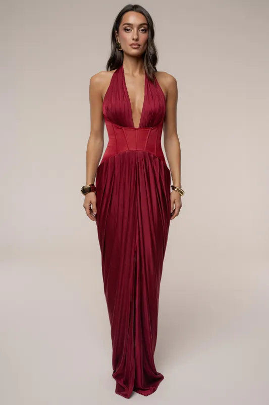 PRE-ORDER Burgundy Drape And Destiny Maxi Dress sold by JLUXLABEL