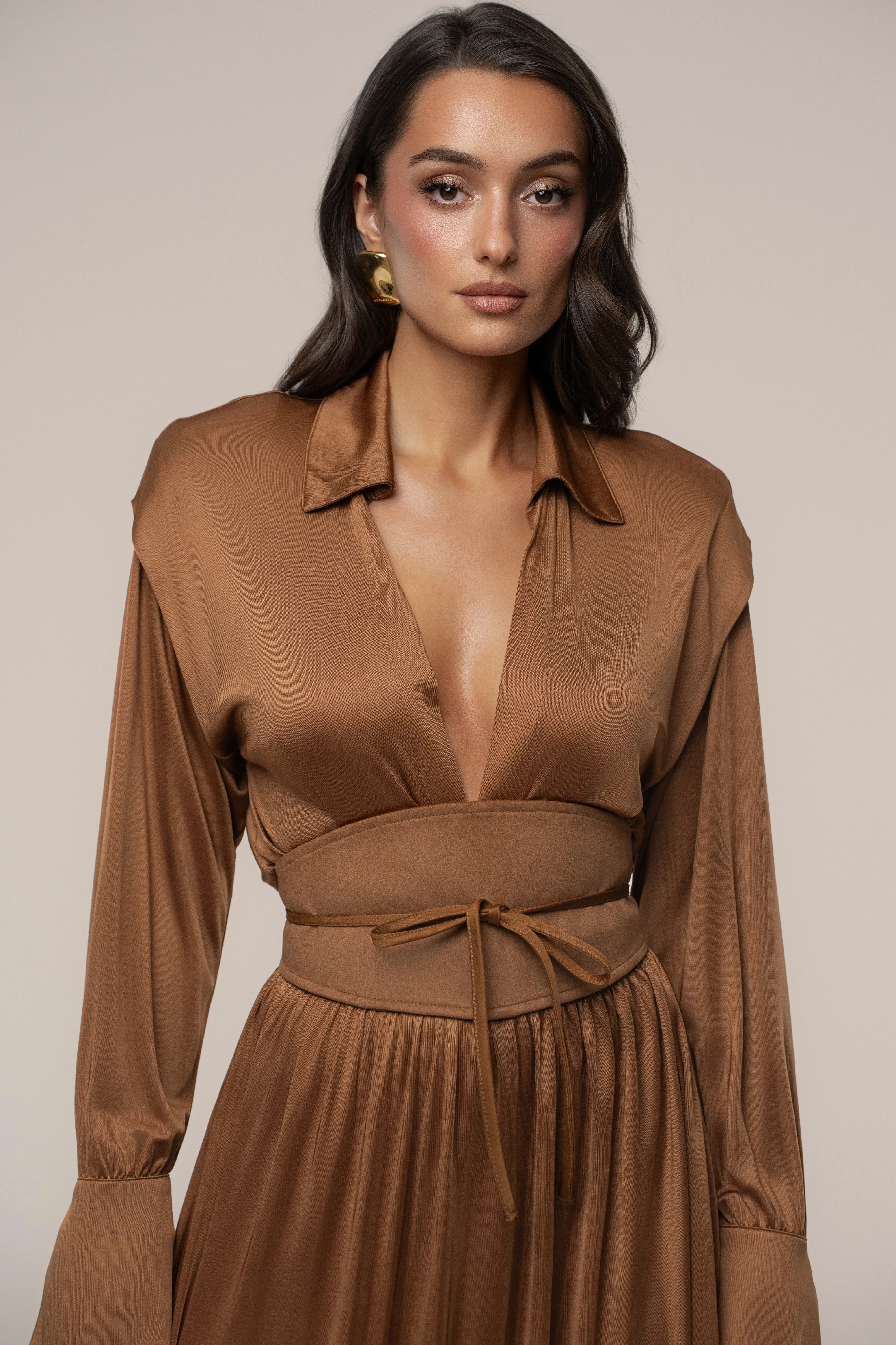 Tan High Line Collar Maxi Dress sold by JLUXLABEL product image thumbnail 2