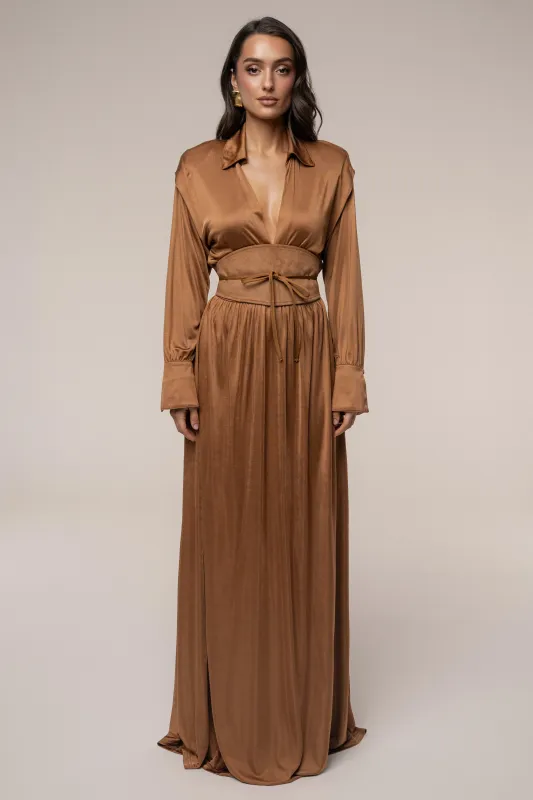 Tan High Line Collar Maxi Dress sold by JLUXLABEL