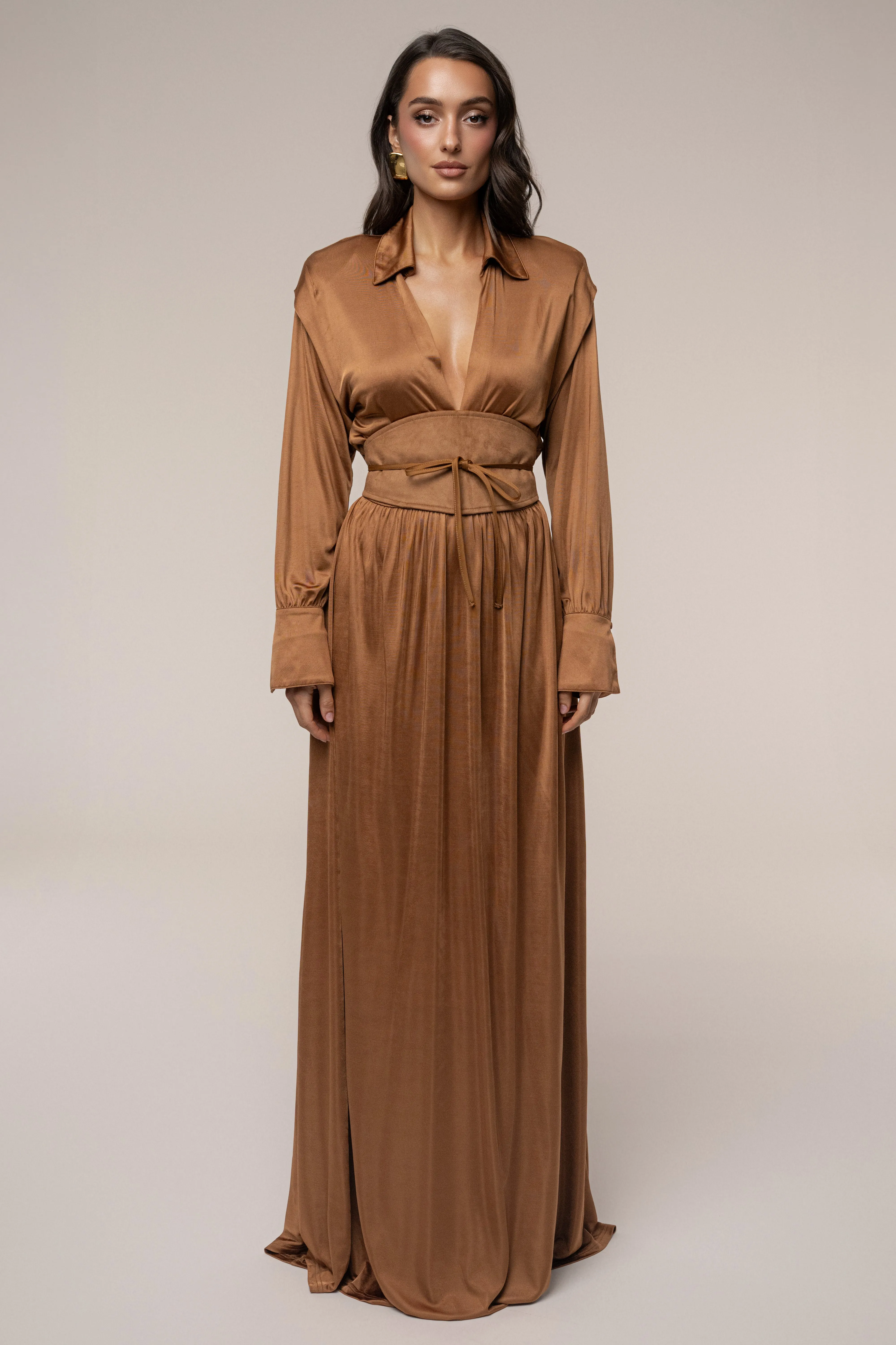 Tan High Line Collar Maxi Dress sold by JLUXLABEL
