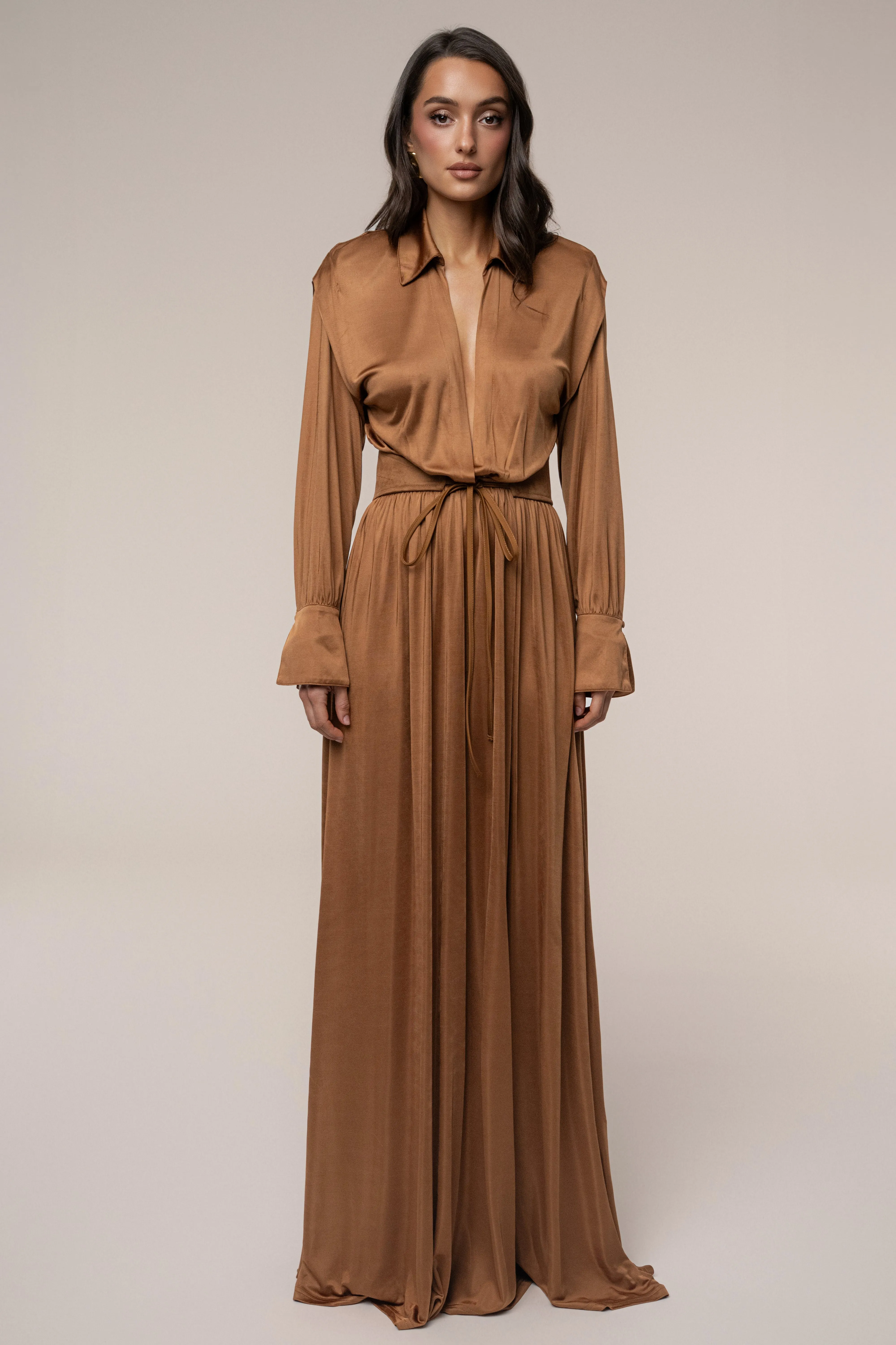 Tan High Line Collar Maxi Dress sold by JLUXLABEL product image thumbnail 3