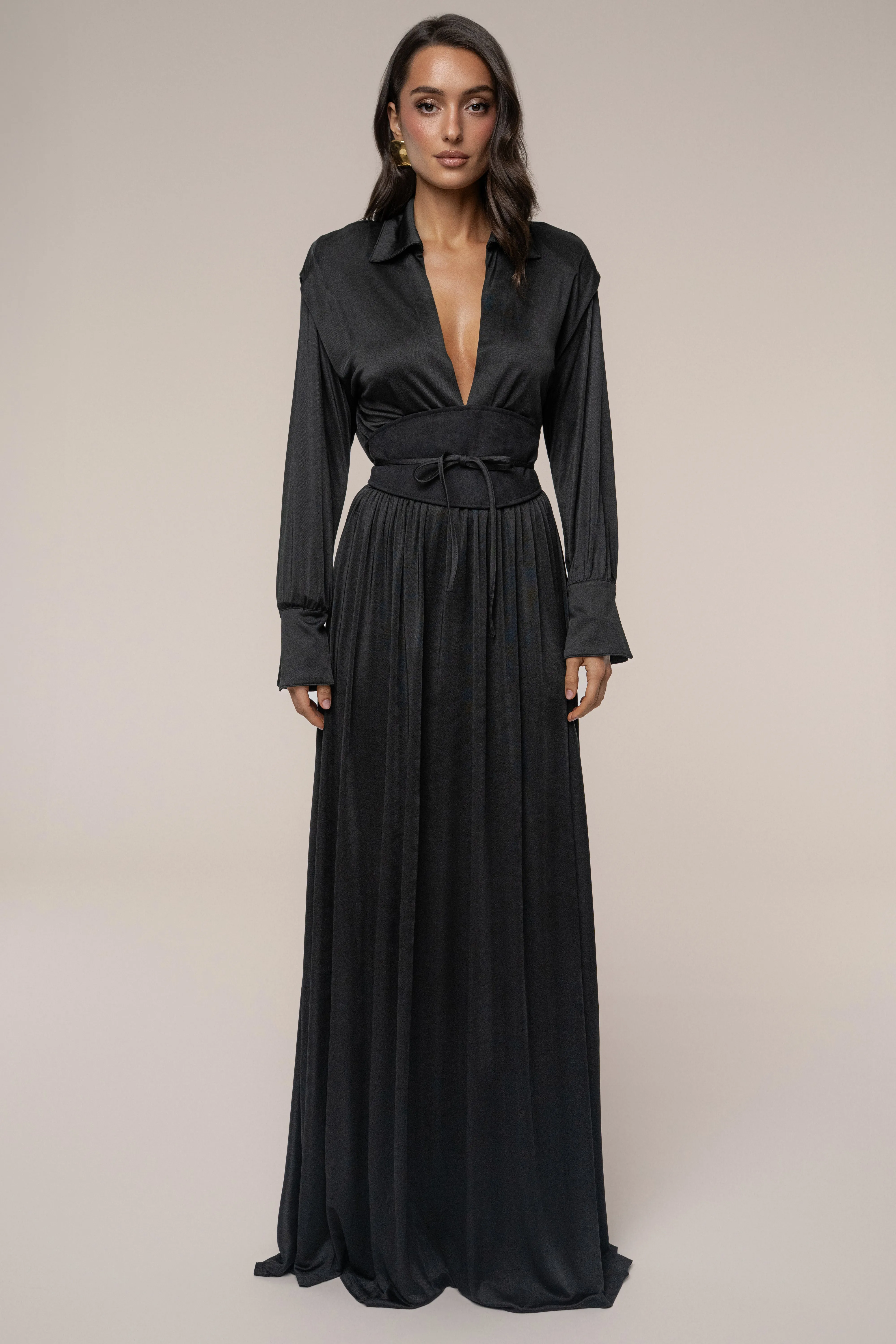 Black High Line Collar Maxi Dress sold by JLUXLABEL