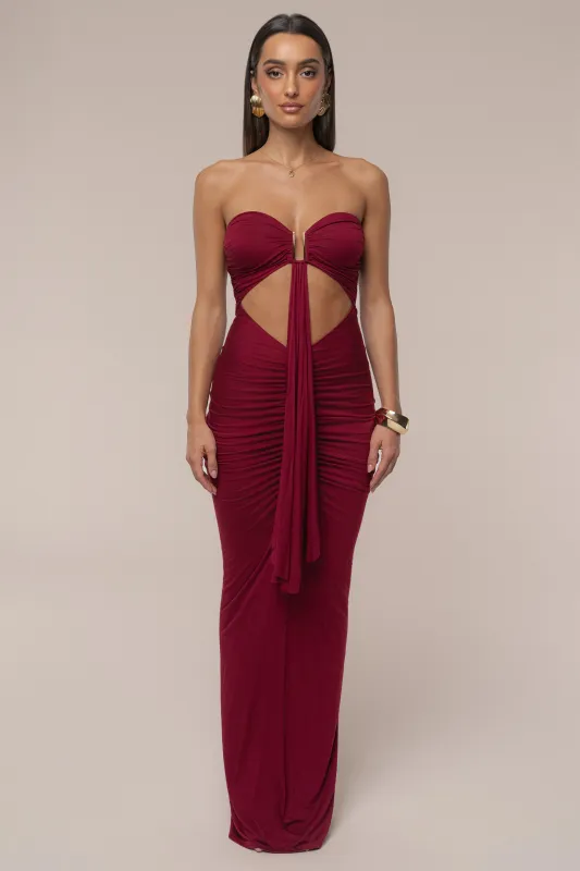 Burgundy Atlantis Drape Maxi Dress sold by JLUXLABEL