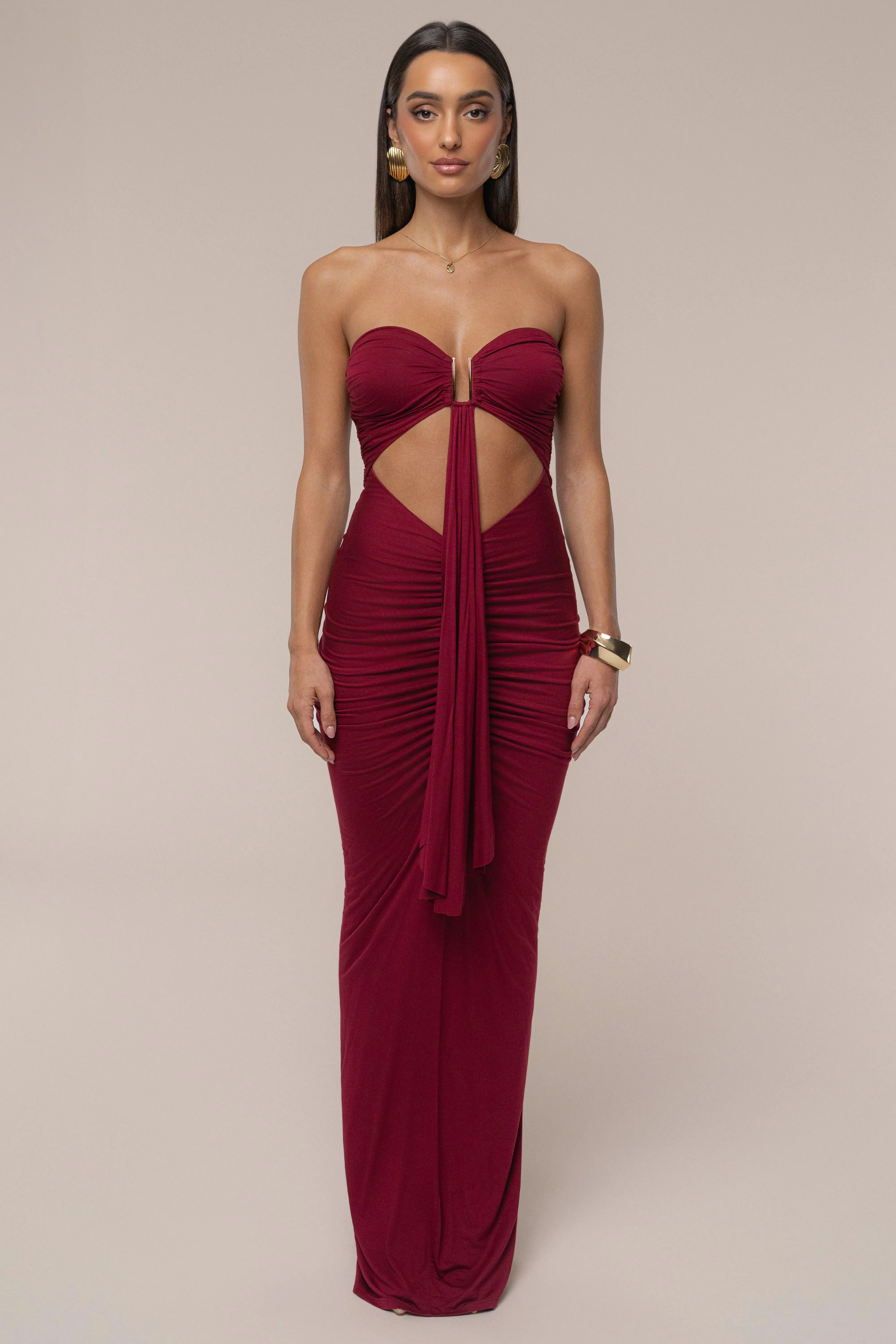 Burgundy Atlantis Drape Maxi Dress sold by JLUXLABEL