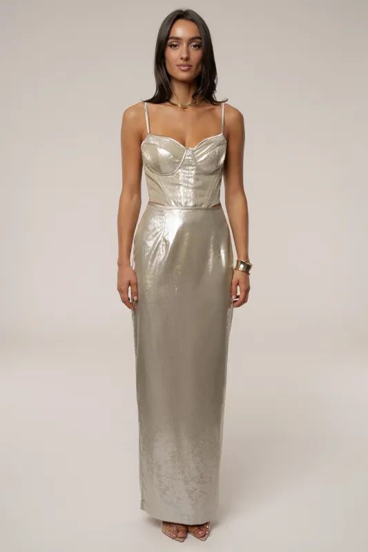 Beige Illuminate Maxi Skirt sold by JLUXLABEL