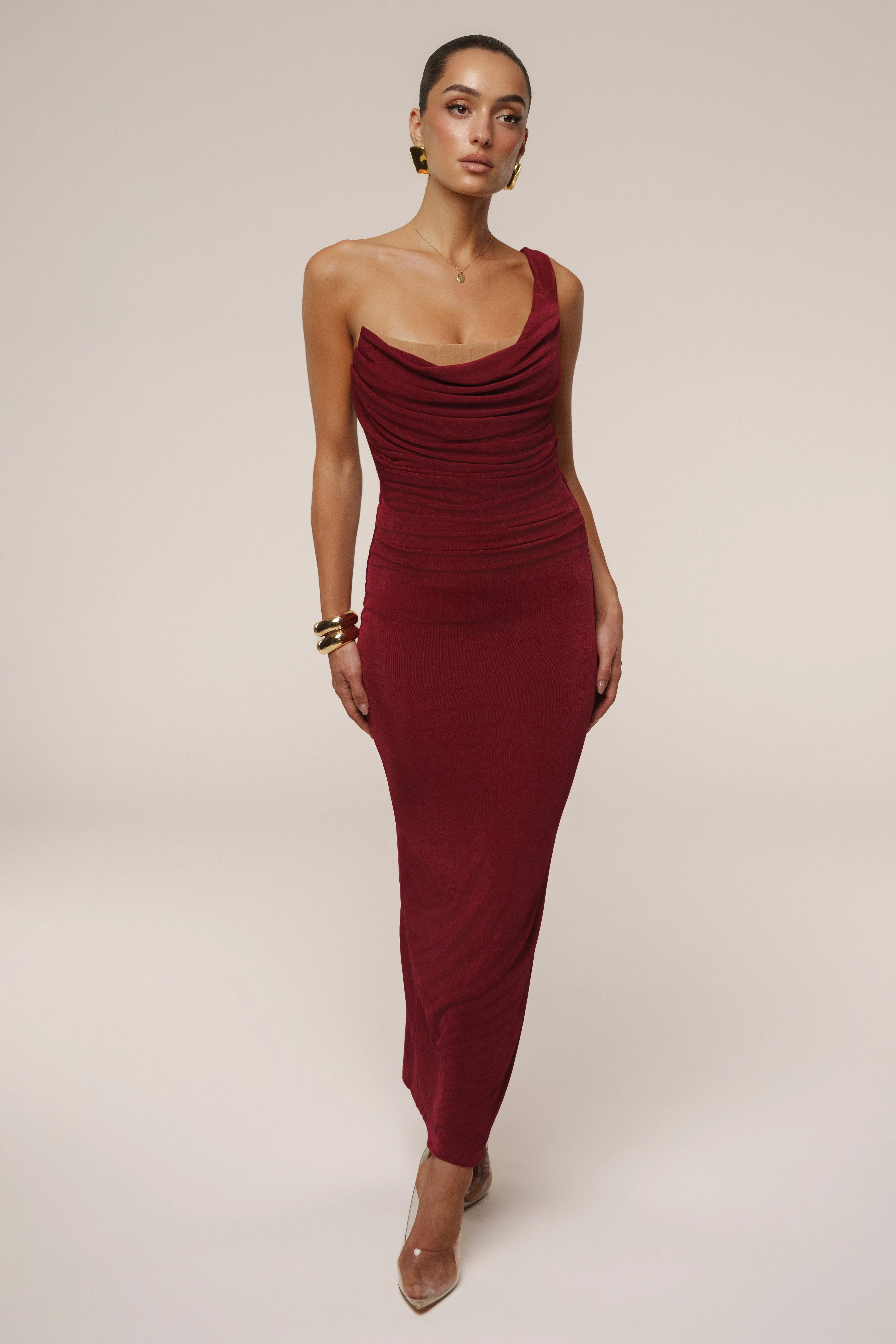 Burgundy Slinky Krishna One Shoulder Maxi Dress sold by JLUXLABEL product image thumbnail 3