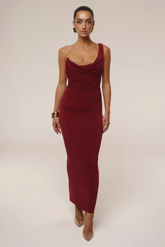 Burgundy Slinky Krishna One Shoulder Maxi Dress sold by JLUXLABEL