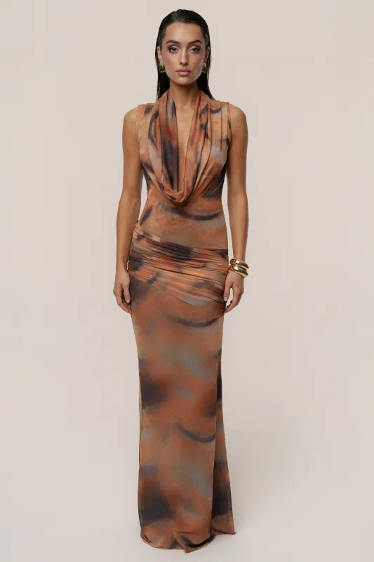 Tan Josephine Print Maxi Dress sold by JLUXLABEL