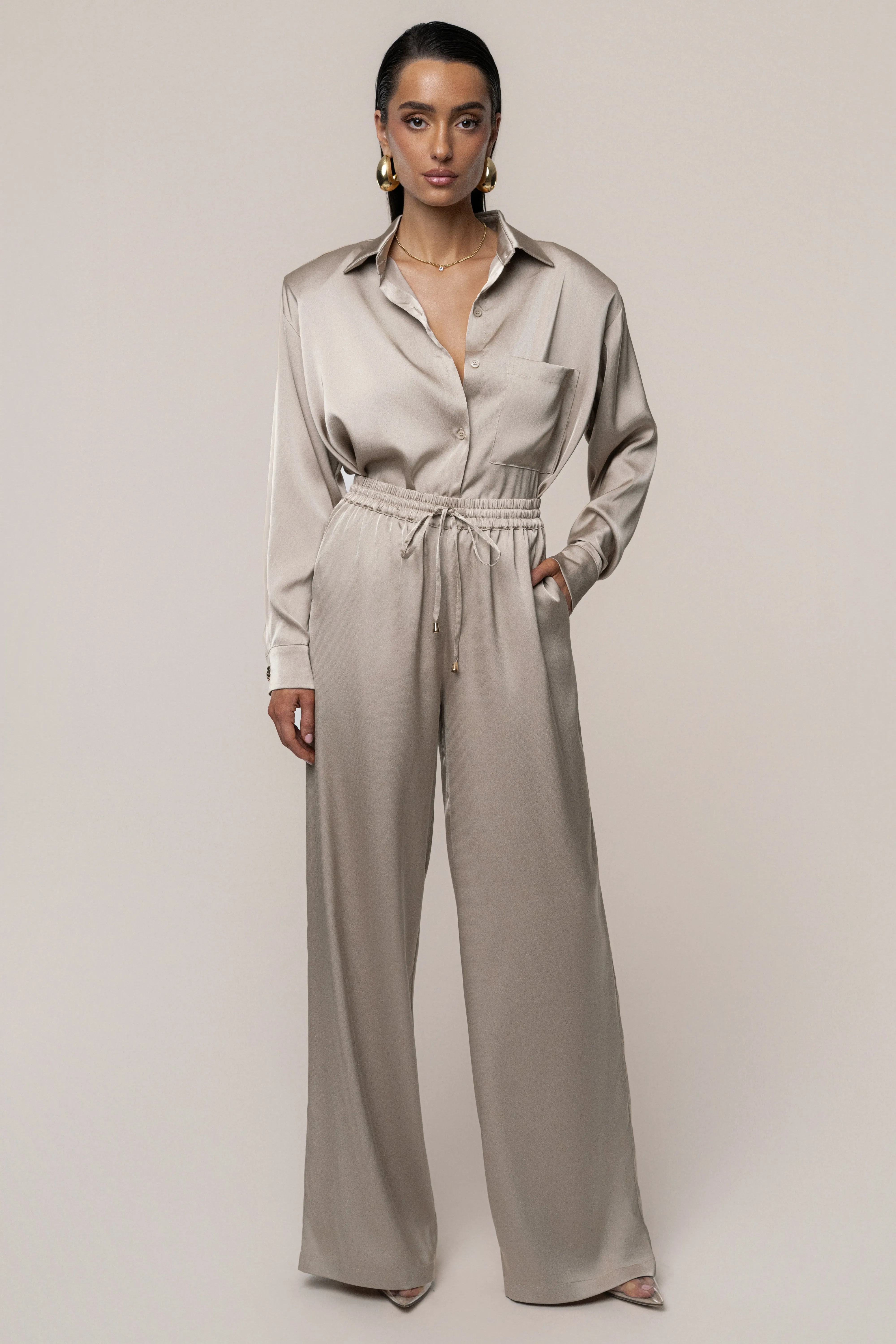 Beige Island Ease Collared Satin Top sold by JLUXLABEL product image thumbnail 3