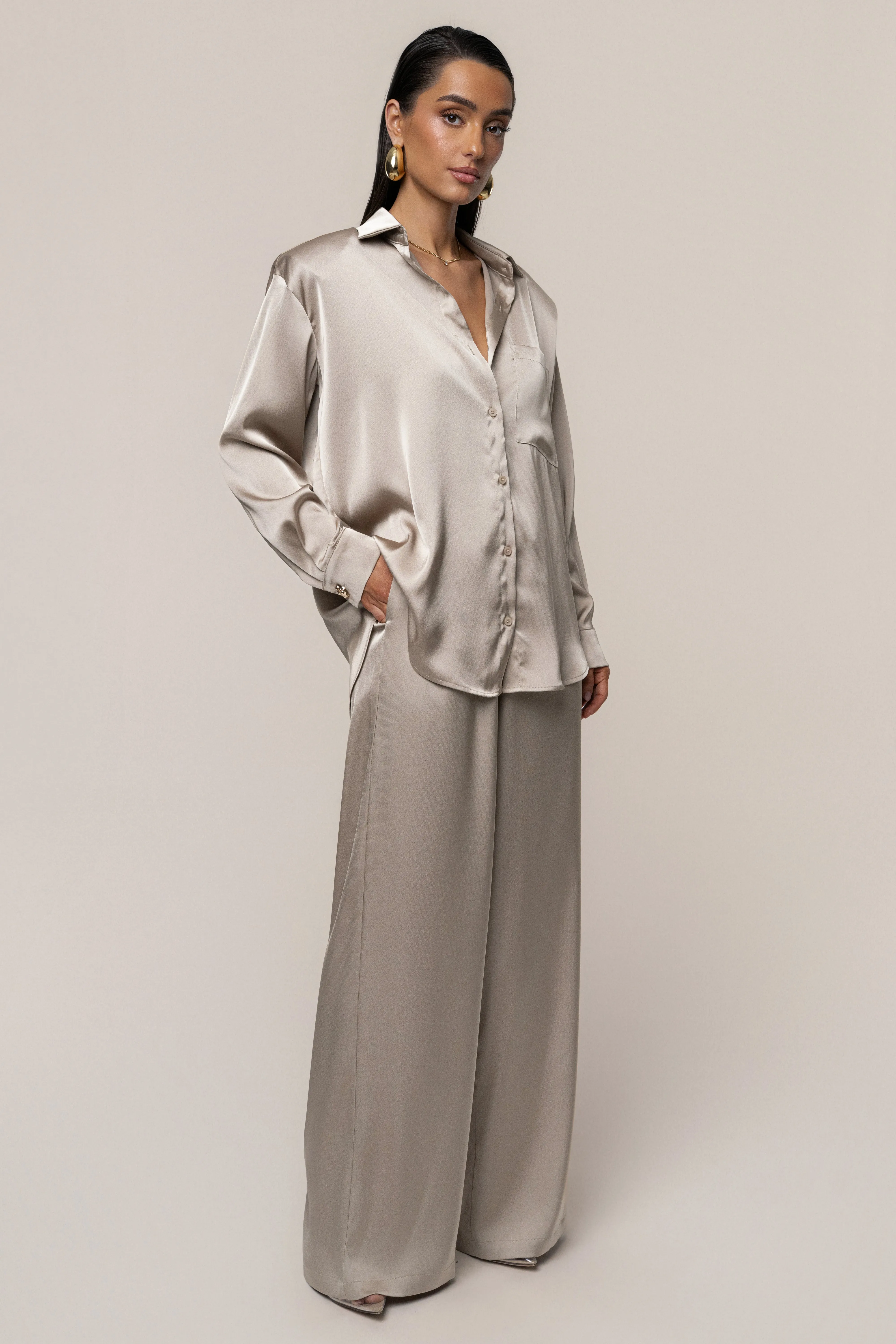 Beige Island Ease Collared Satin Top sold by JLUXLABEL product image thumbnail 5