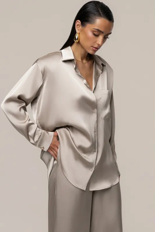 Beige Island Ease Collared Satin Top made by JLUXLABEL