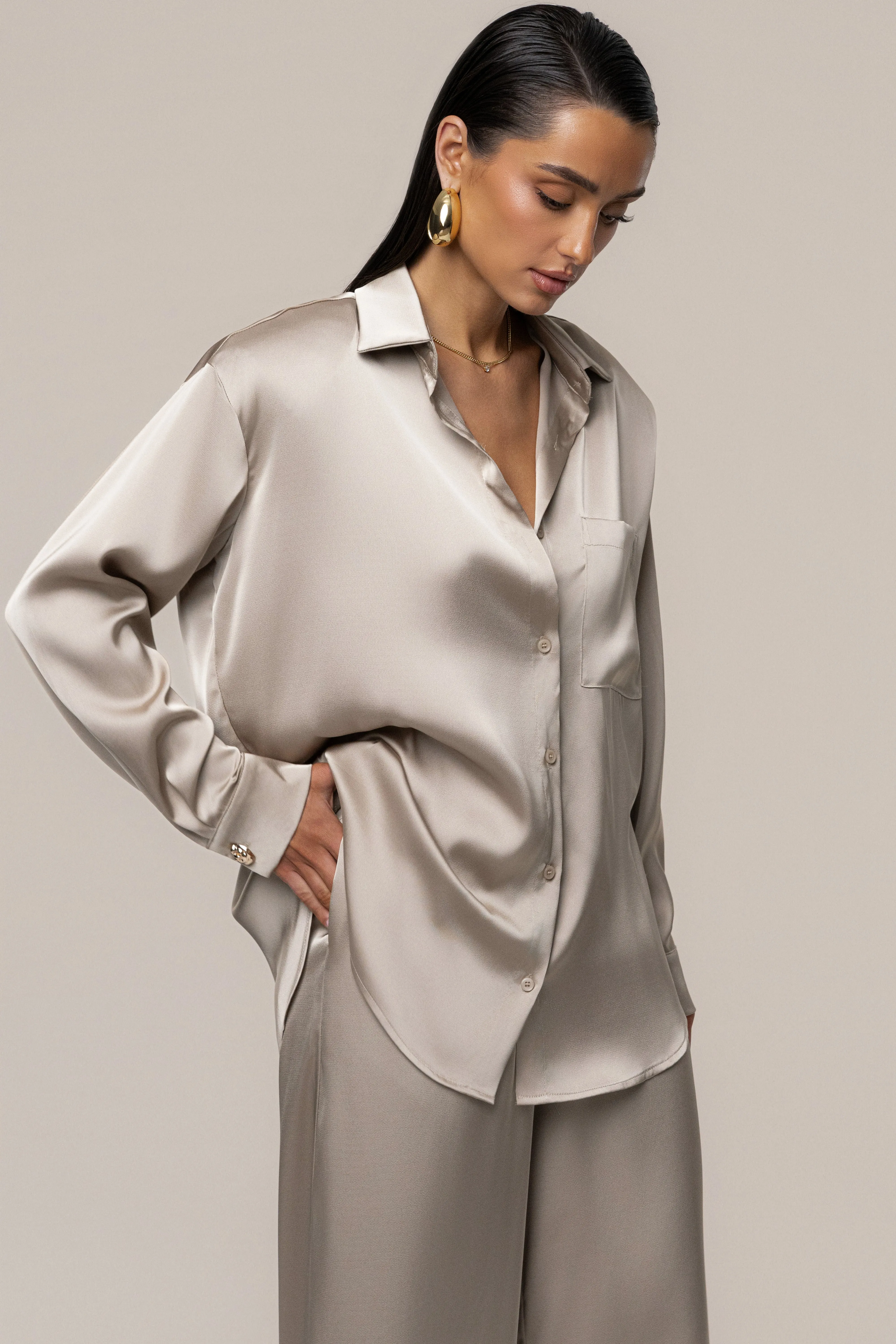 Beige Island Ease Collared Satin Top sold by JLUXLABEL