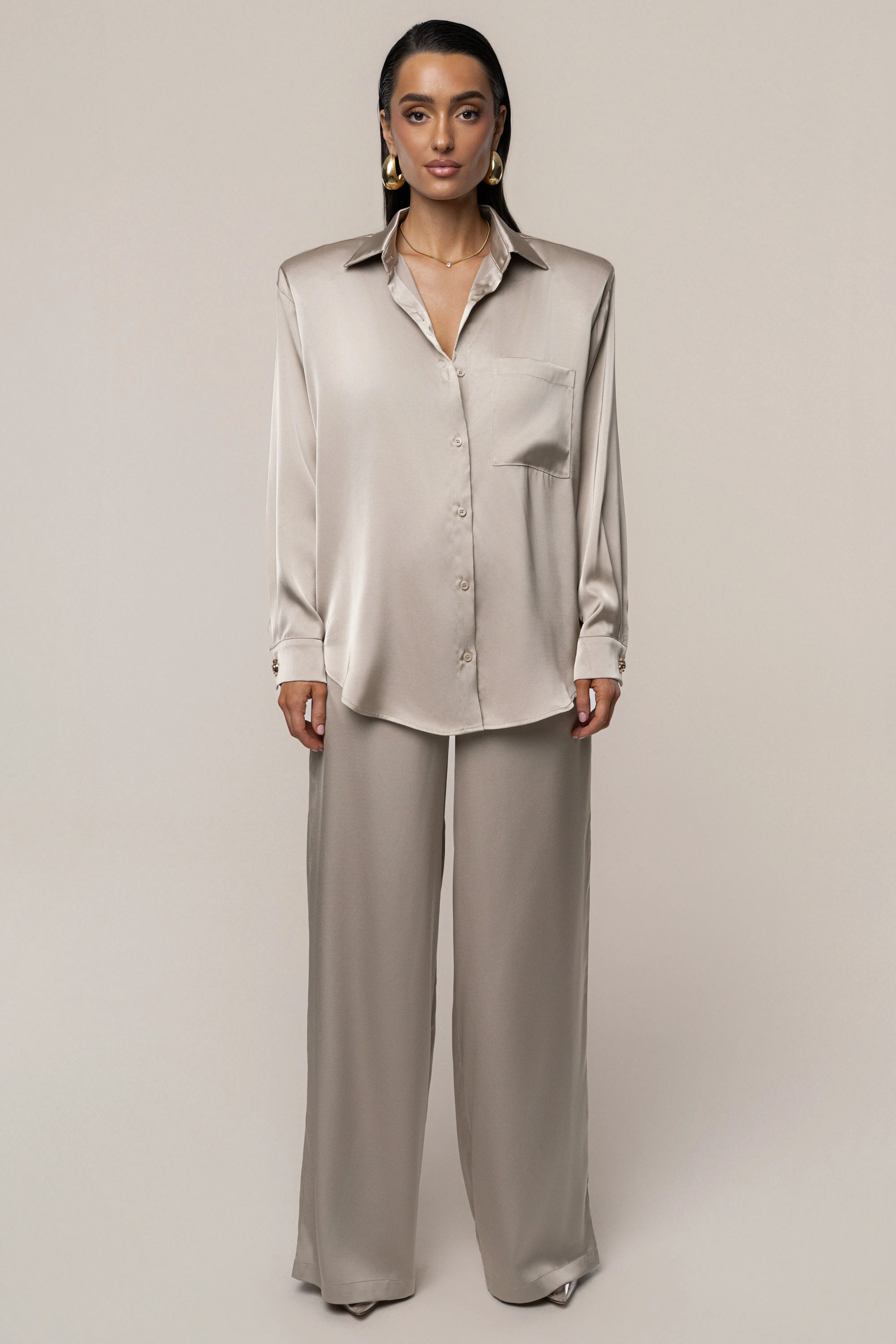 Beige Island Ease Collared Satin Top sold by JLUXLABEL product image thumbnail 2