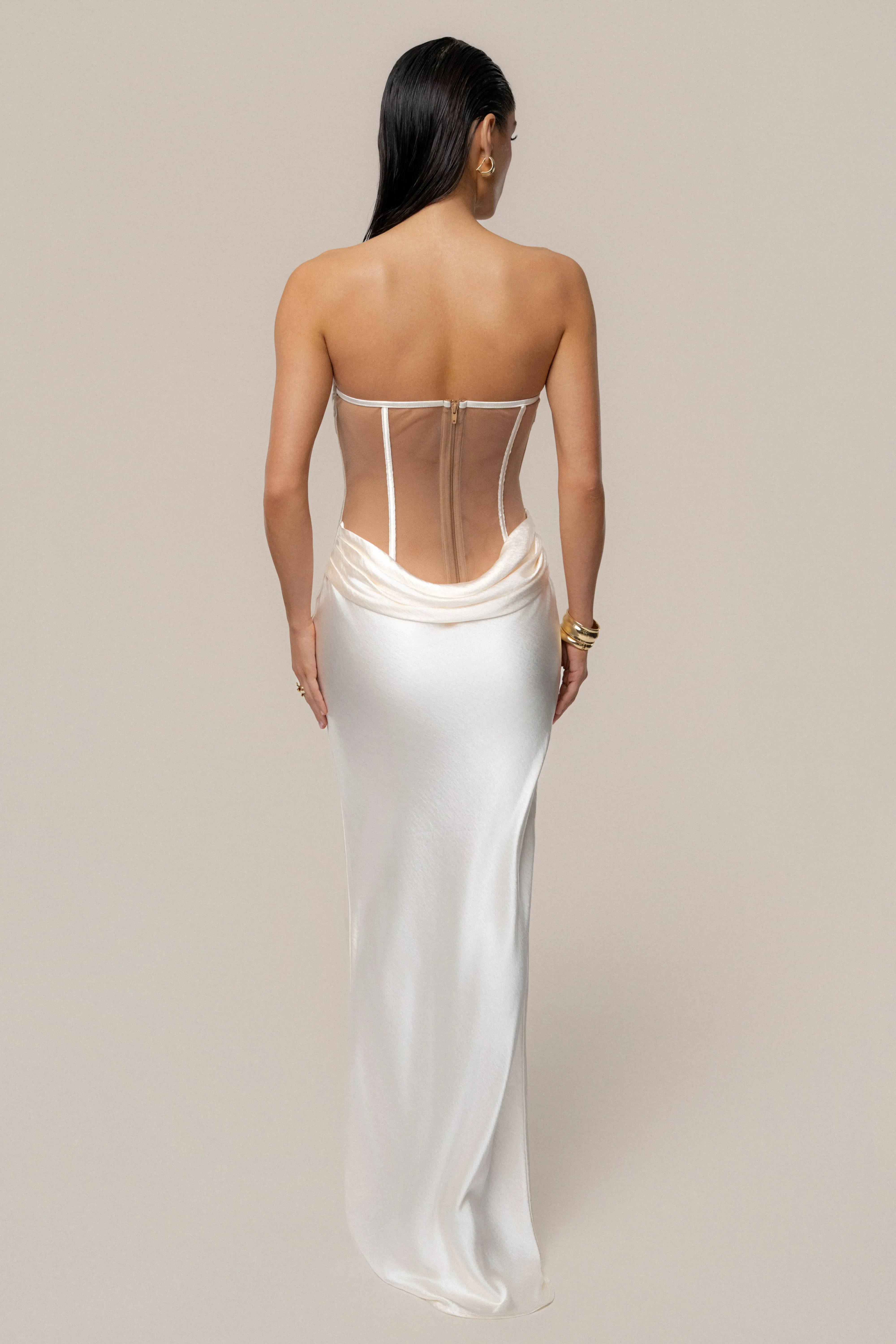 Ivory Regal Rising Satin Maxi Dress sold by JLUXLABEL