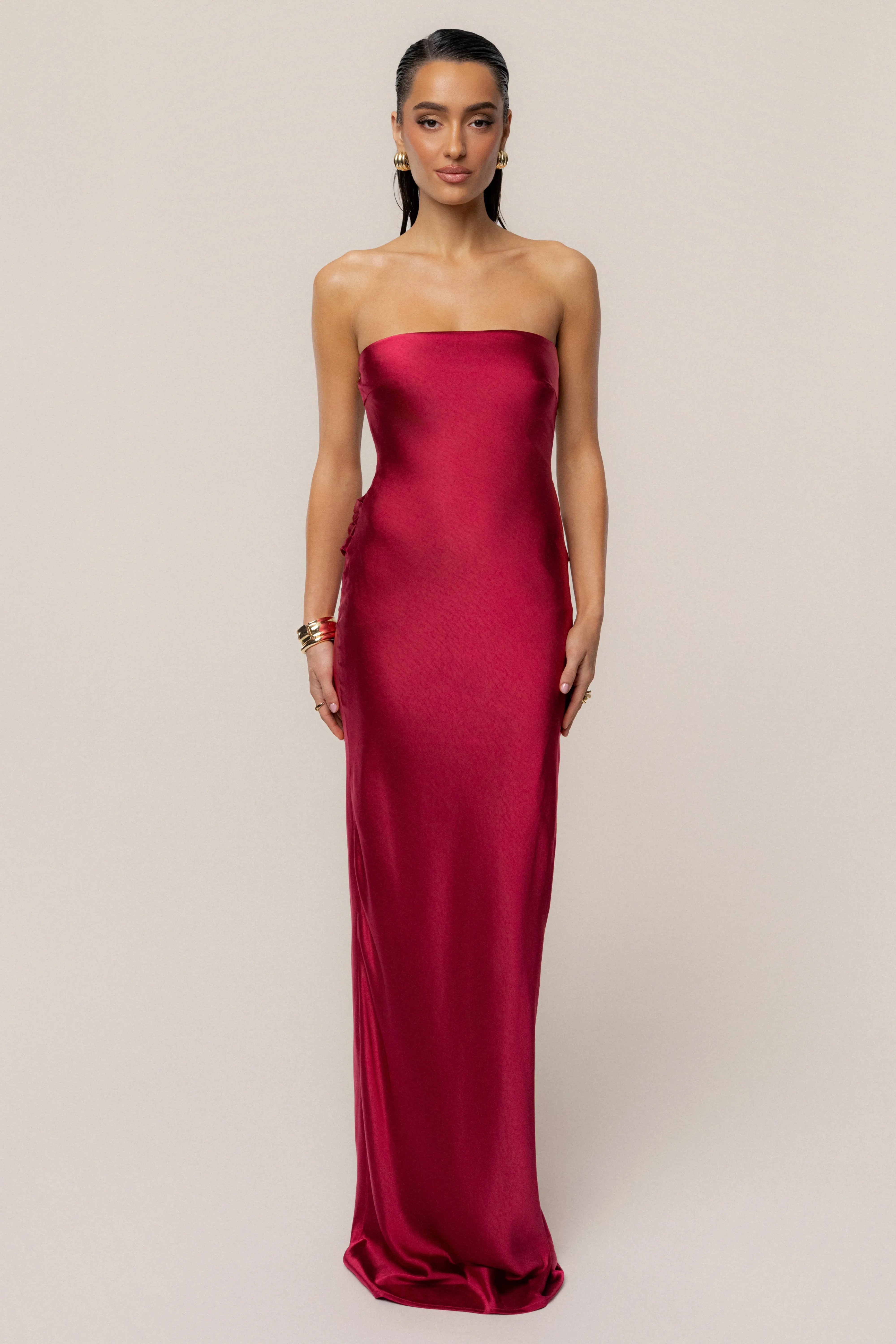 Red Regal Rising Satin Maxi Dress sold by JLUXLABEL product image thumbnail 2