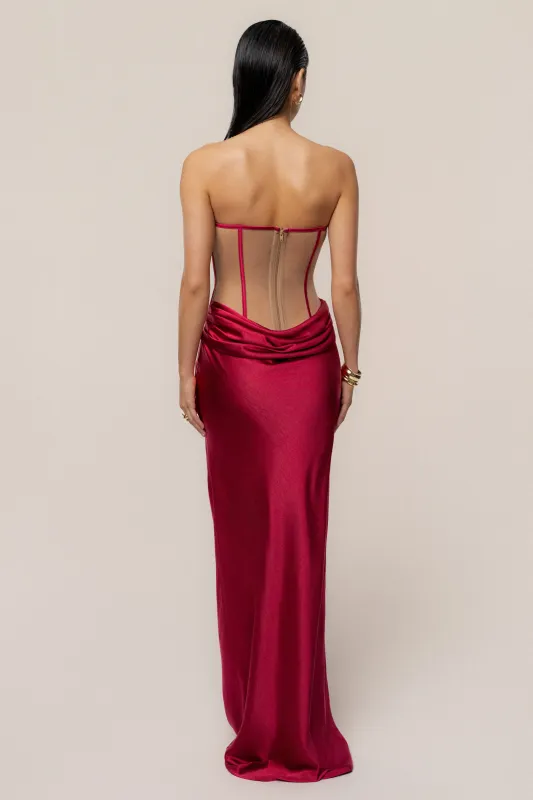 PRE-ORDER Red Regal Rising Satin Maxi Dress sold by JLUXLABEL