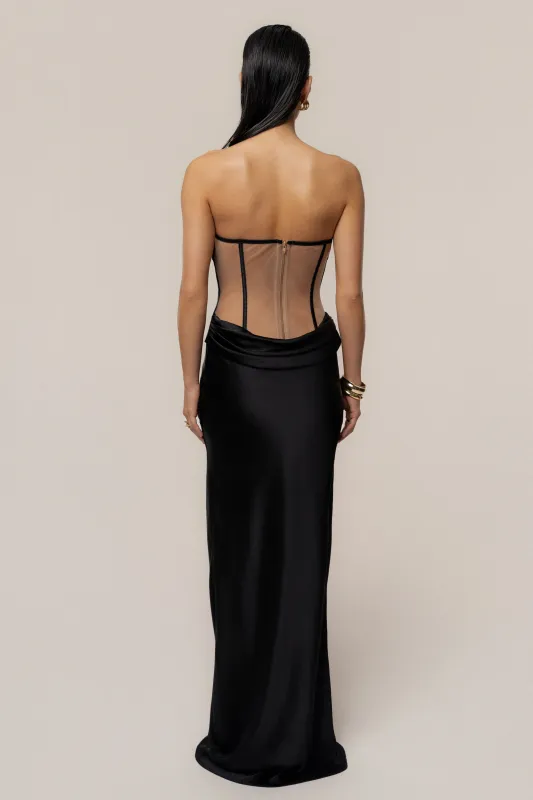 Black Regal Rising Satin Maxi Dress sold by JLUXLABEL
