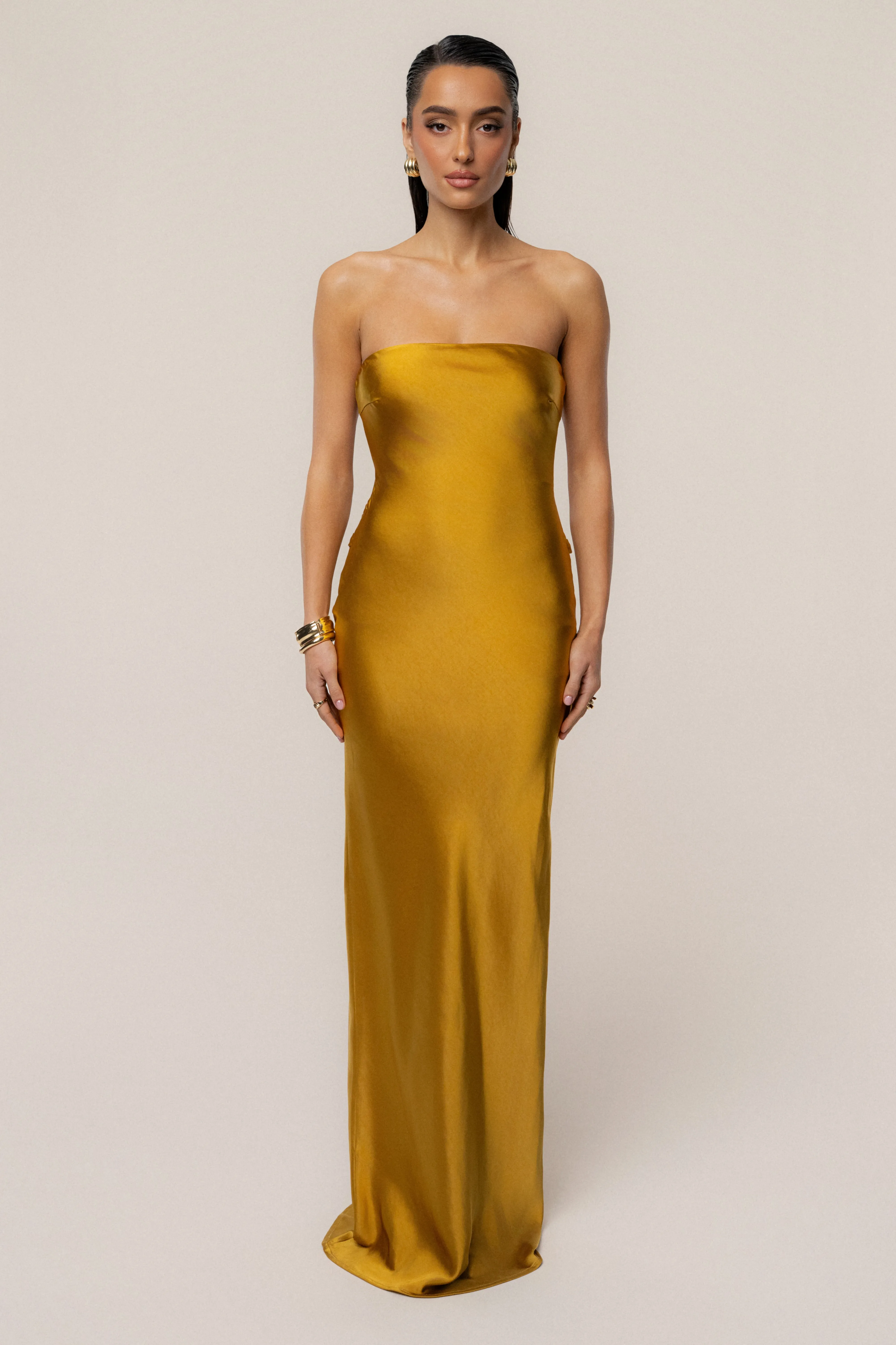 Gold Regal Rising Satin Maxi Dress sold by JLUXLABEL product image thumbnail 4