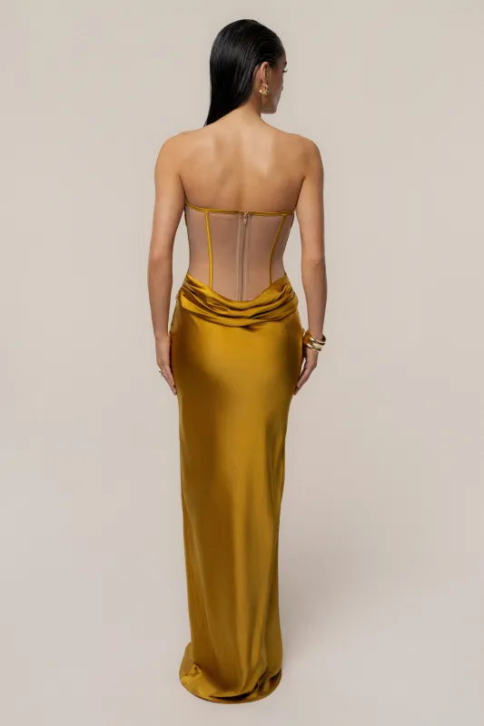 Gold Regal Rising Satin Maxi Dress sold by JLUXLABEL