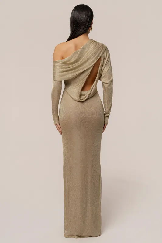 Gold Drape And Shine Maxi Dress sold by JLUXLABEL