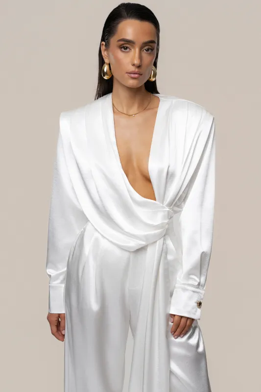 White Statement Draped Satin Top made by JLUXLABEL