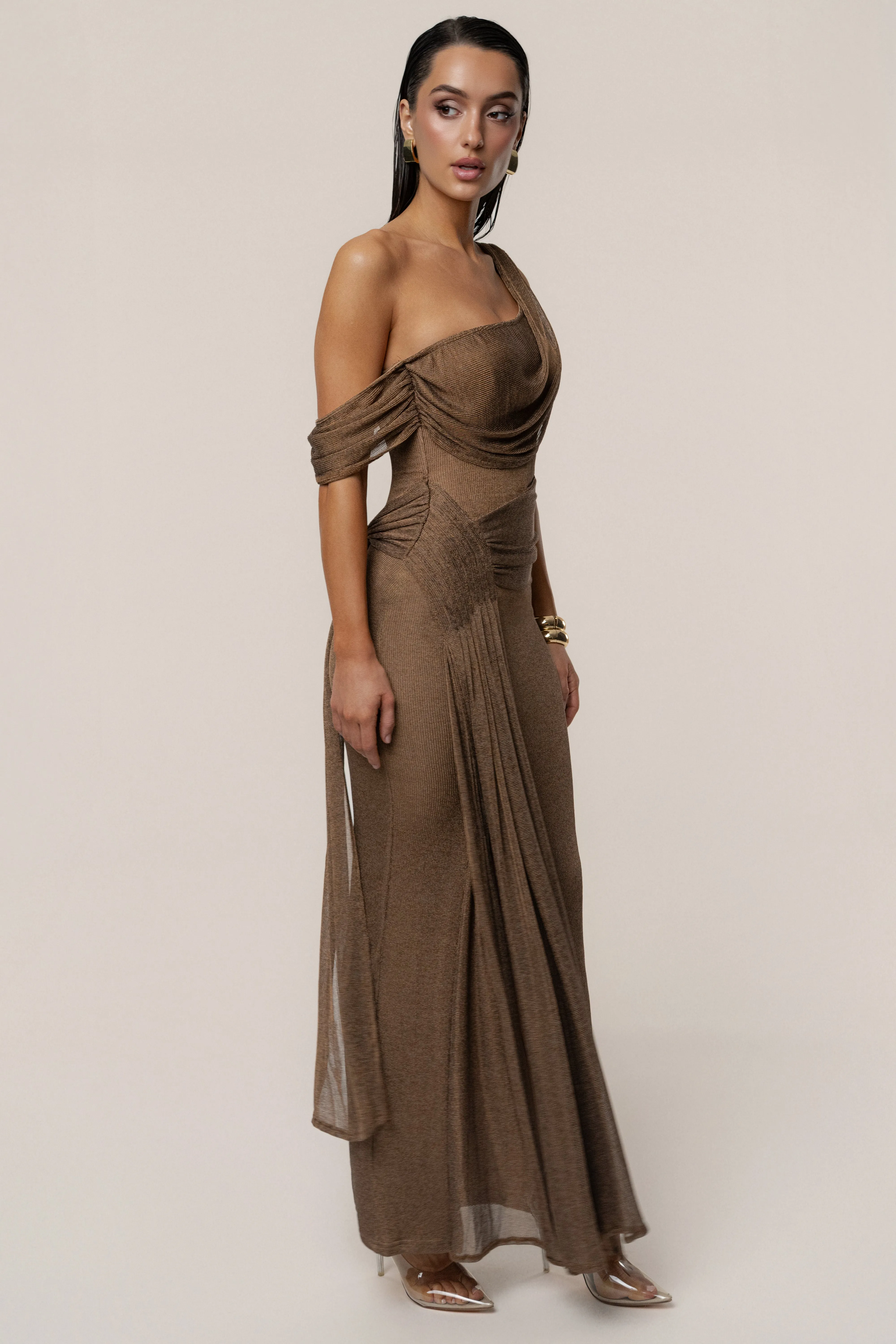 Bronze Draped Metallic Maxi Dress sold by JLUXLABEL product image thumbnail 5