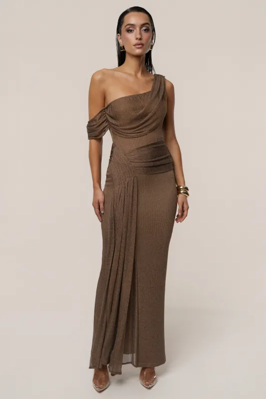 Bronze Draped Metallic Maxi Dress sold by JLUXLABEL