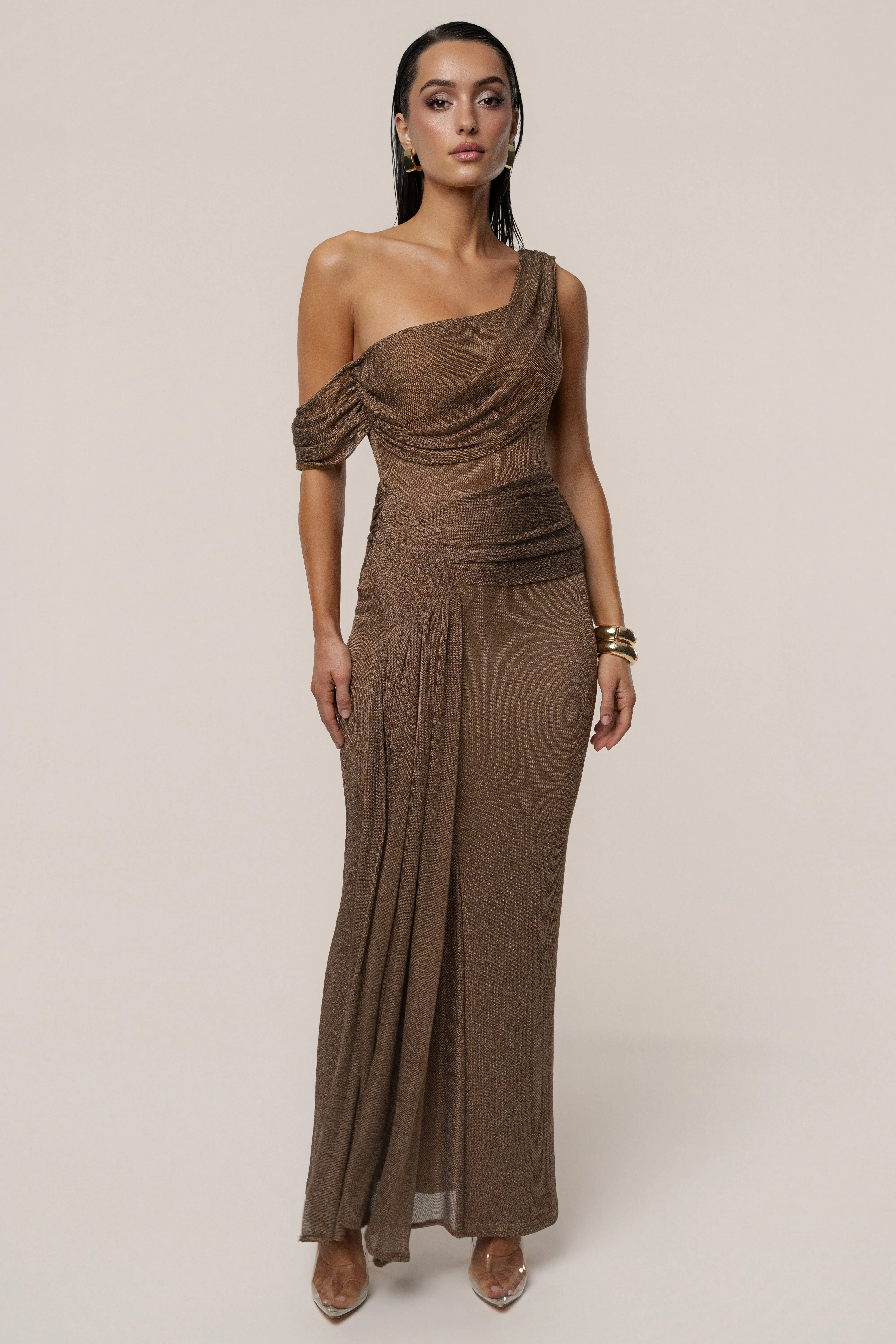 Bronze Draped Metallic Maxi Dress sold by JLUXLABEL