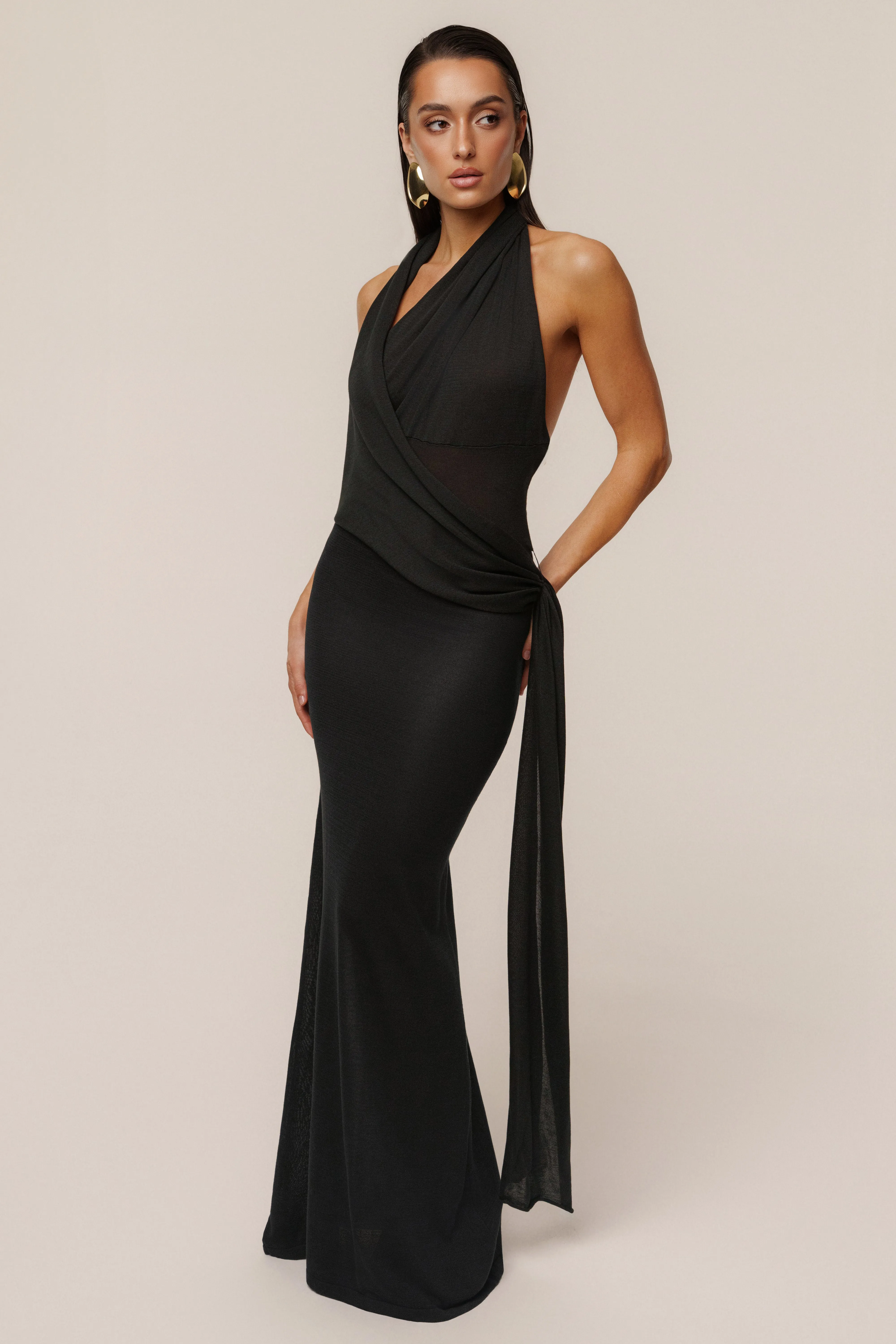 Black Miranda Draped Maxi Dress sold by JLUXLABEL